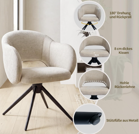 180° Swivel Dining Chairs Set of 2 with Auto-Return & Hollow Back in Plush Chenille